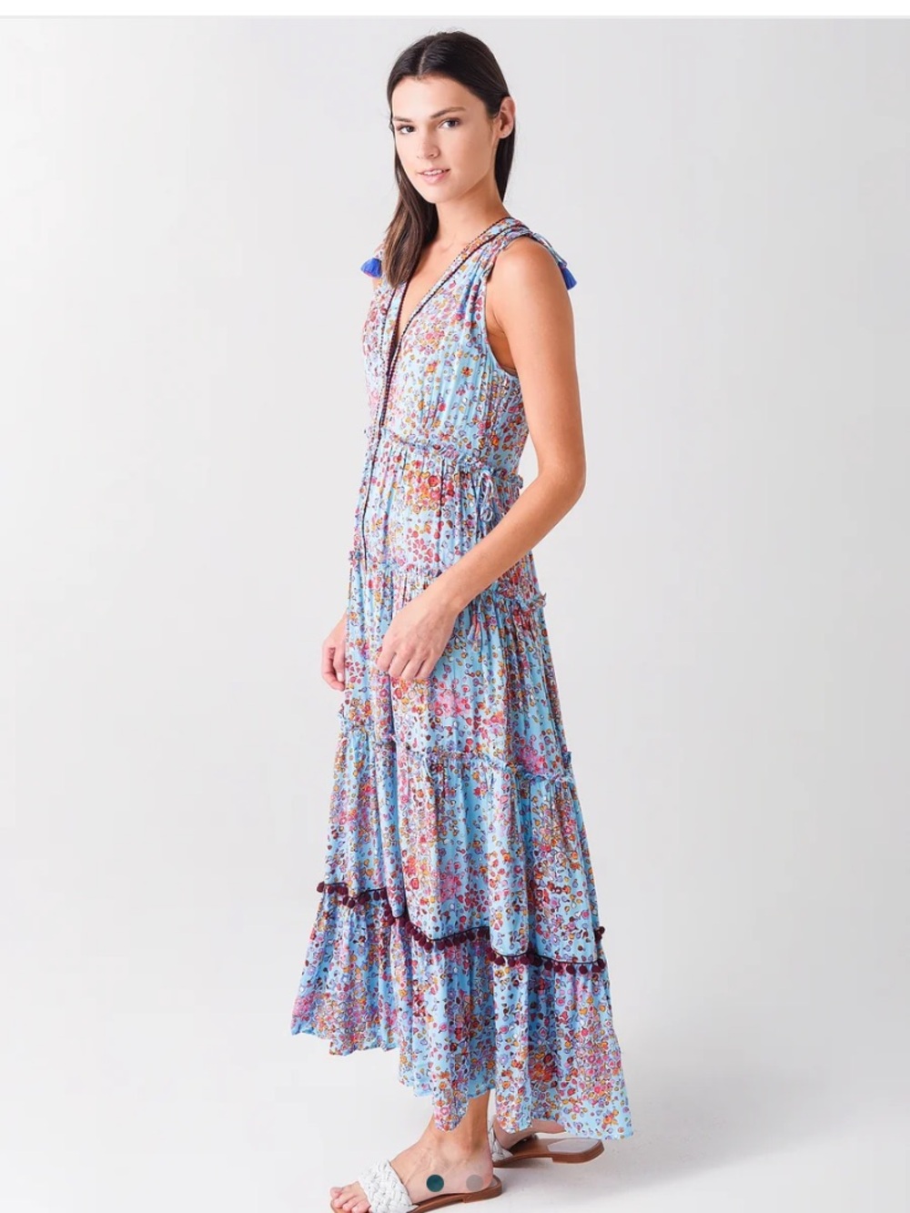 Poupette St Barth Ivy Long Dress Blue Floral Viscose Pom Pom Boho Cottagecore L